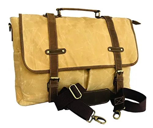 18 Inch Mens Messenger Bag Inch Waterproof Vintage Genuine Leather Waxed Canvas Briefcase Large