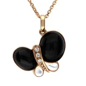 18ct Rose Gold Whitby Jet Mother of Pearl Diamond Butterfly Necklace D