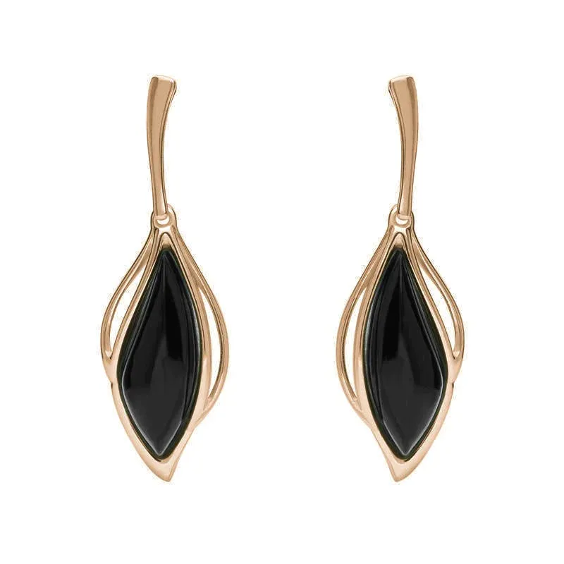 18ct Rose Gold Whitby Jet Open Marquise Drop Earrings