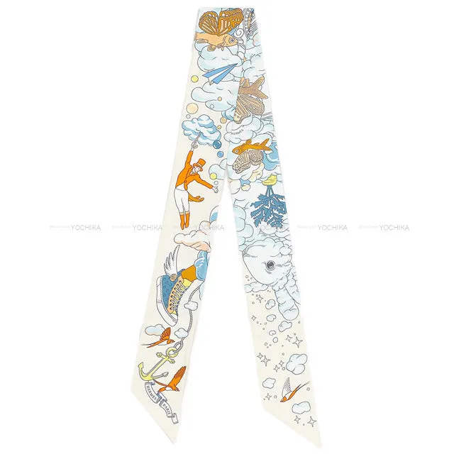 2022 AW HERMES scarf Twilly Sur Mon Nuage Cream/Bleu Ciel/Orange Silk100%[BRAND NEW][Authentic]