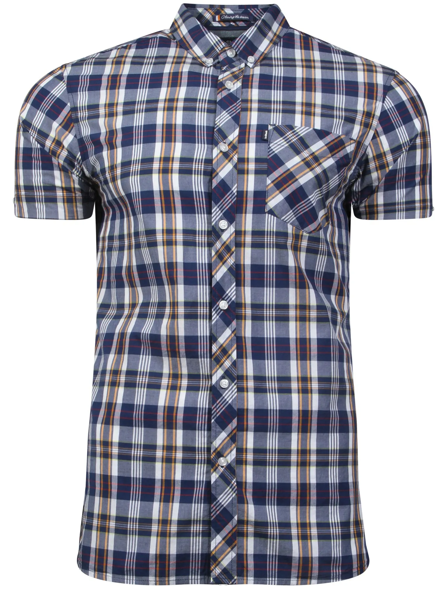 Archie Short Sleeve Cotton Checked Shirt in Orange / Estate Blue - Le Shark