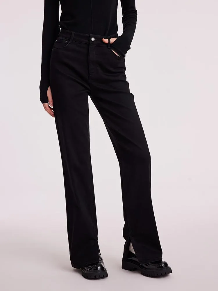 Black Full Length Slit Straight Jeans