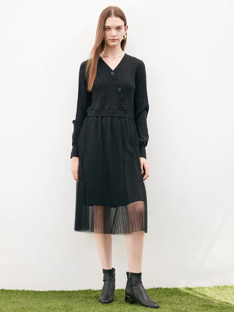 Black Mesh Asymmetrical Button Dress