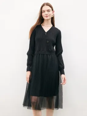 Black Mesh Asymmetrical Button Dress