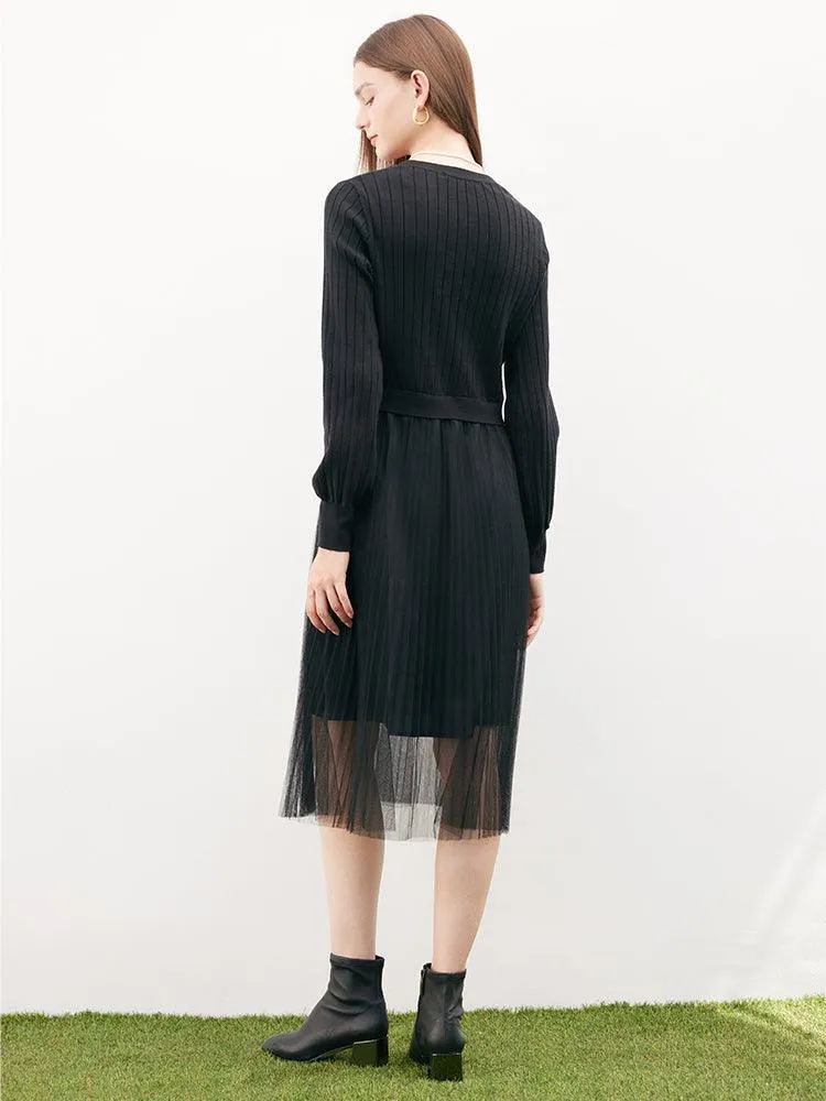 Black Mesh Asymmetrical Button Dress