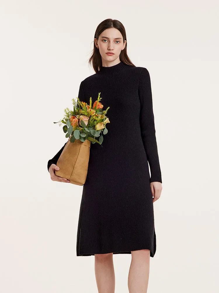 Black Pure Cashmere Mock Neck Knit Dress