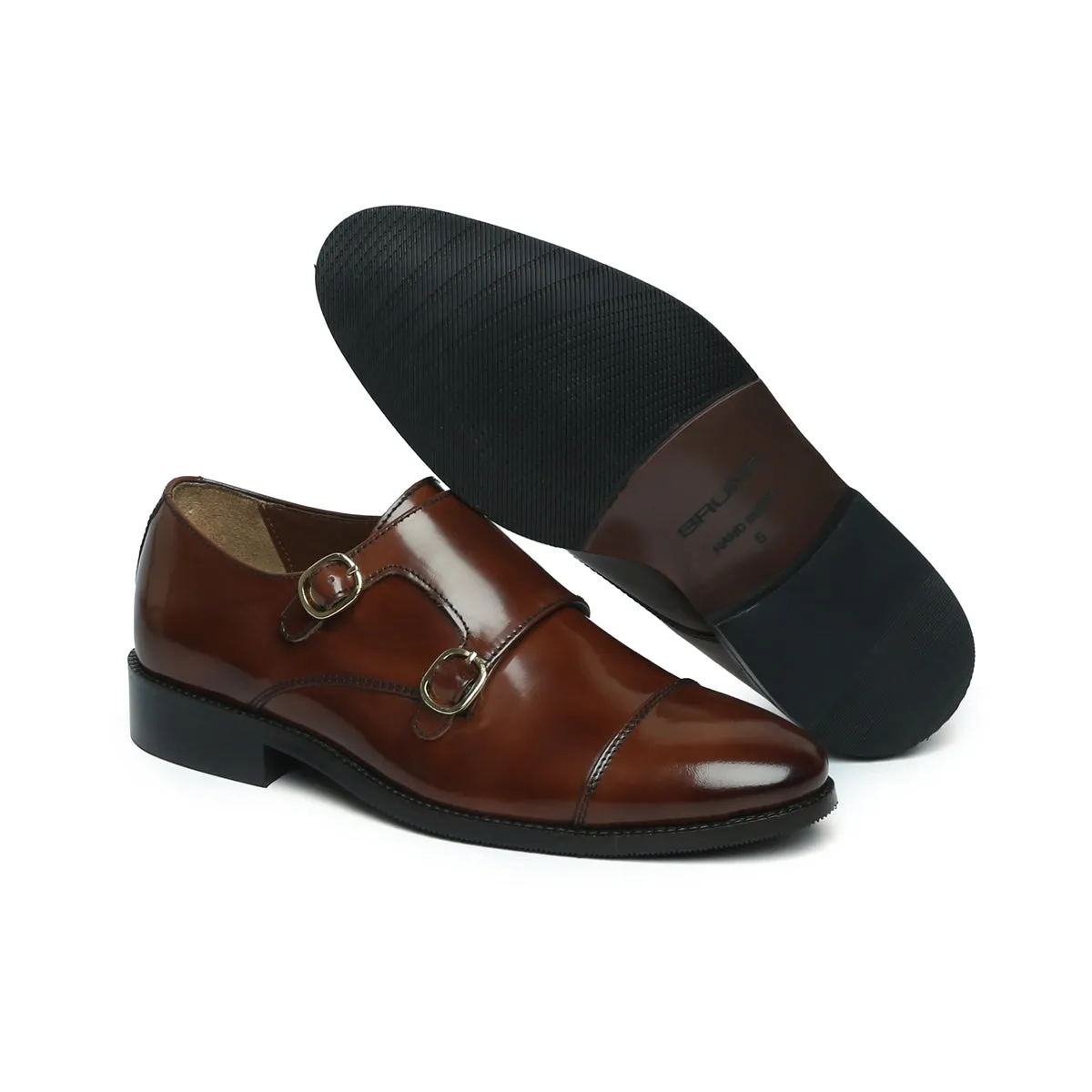 Brown Brushed Off Leather Rounded Cap Toe Double Monk Strap Formal Shoes By Brune & Bareskin