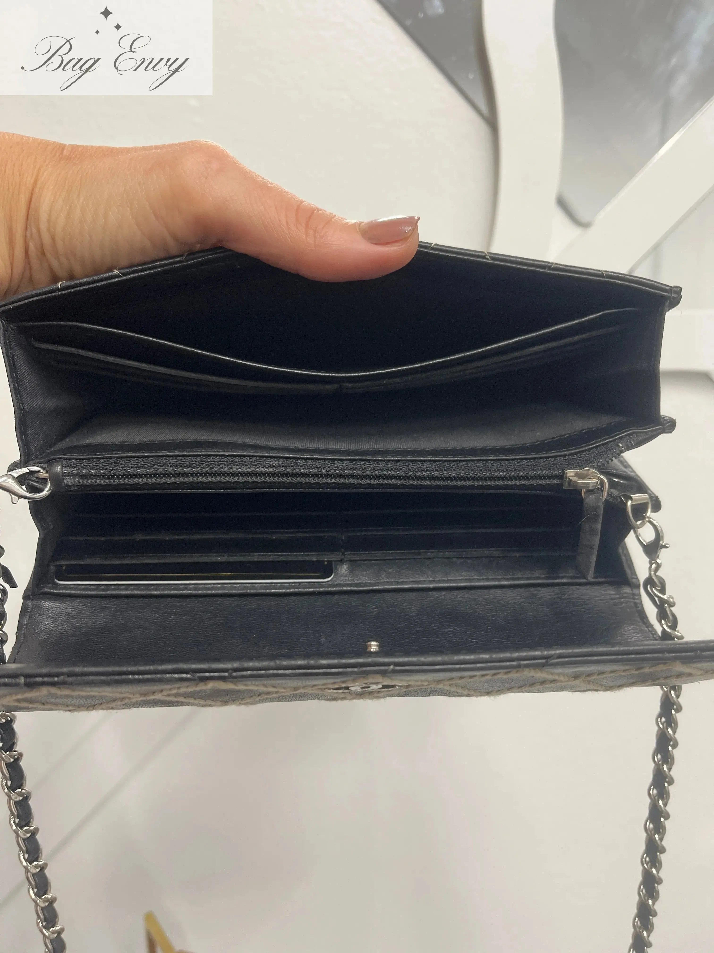 CHANEL Calfskin Wild Stitch Long Flap Wallet with Added Unbranded Chain