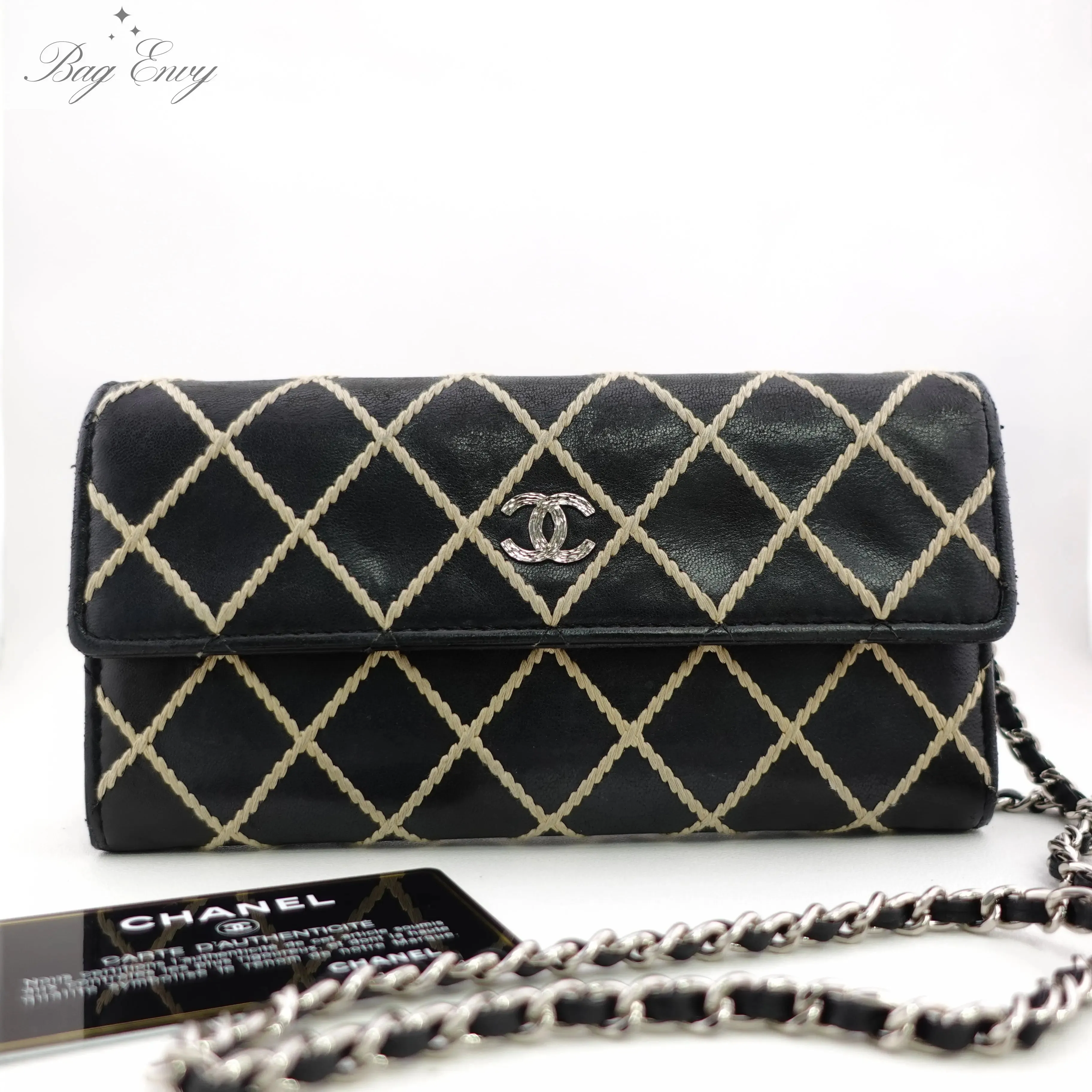 CHANEL Calfskin Wild Stitch Long Flap Wallet with Added Unbranded Chain