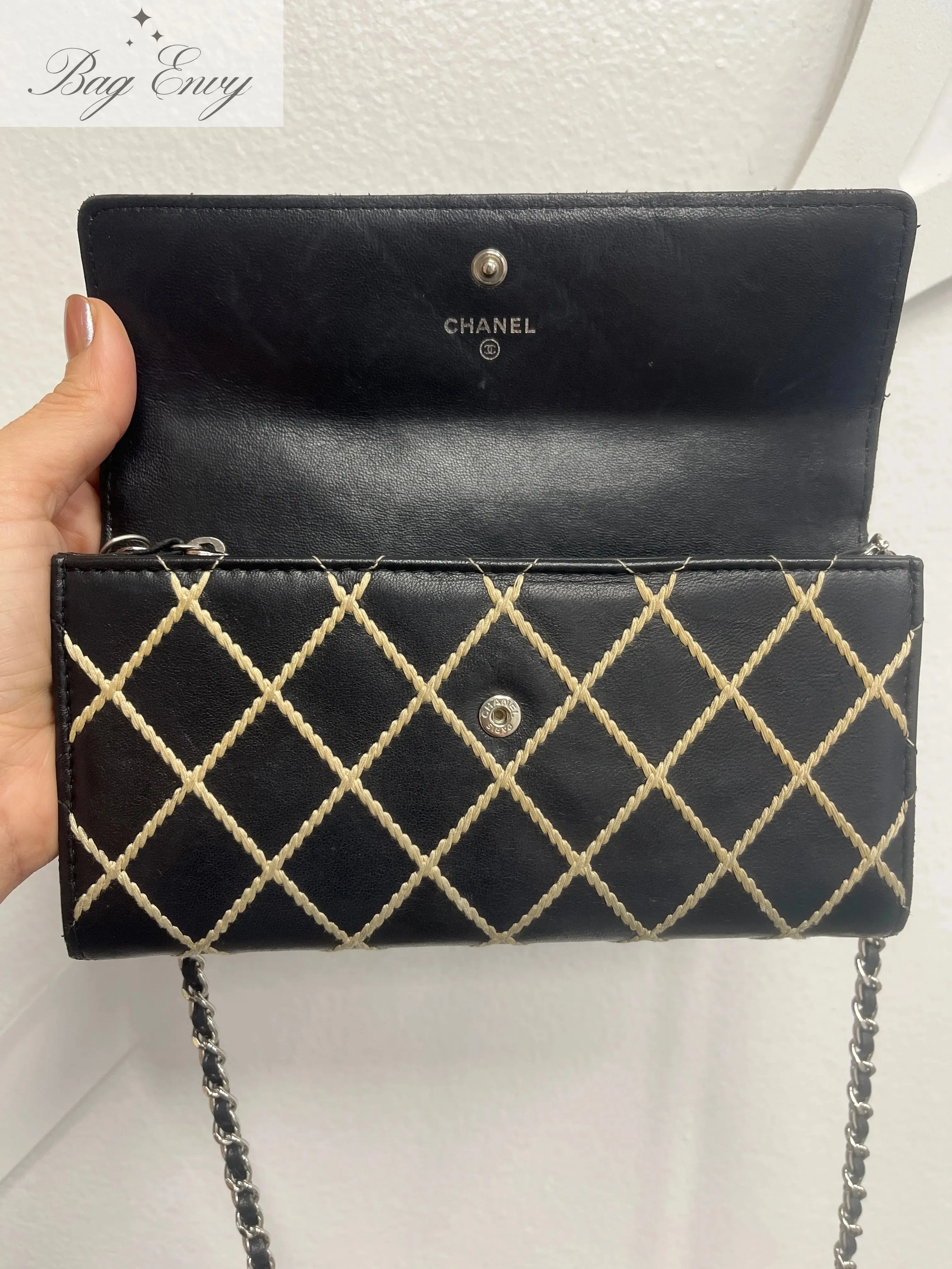 CHANEL Calfskin Wild Stitch Long Flap Wallet with Added Unbranded Chain