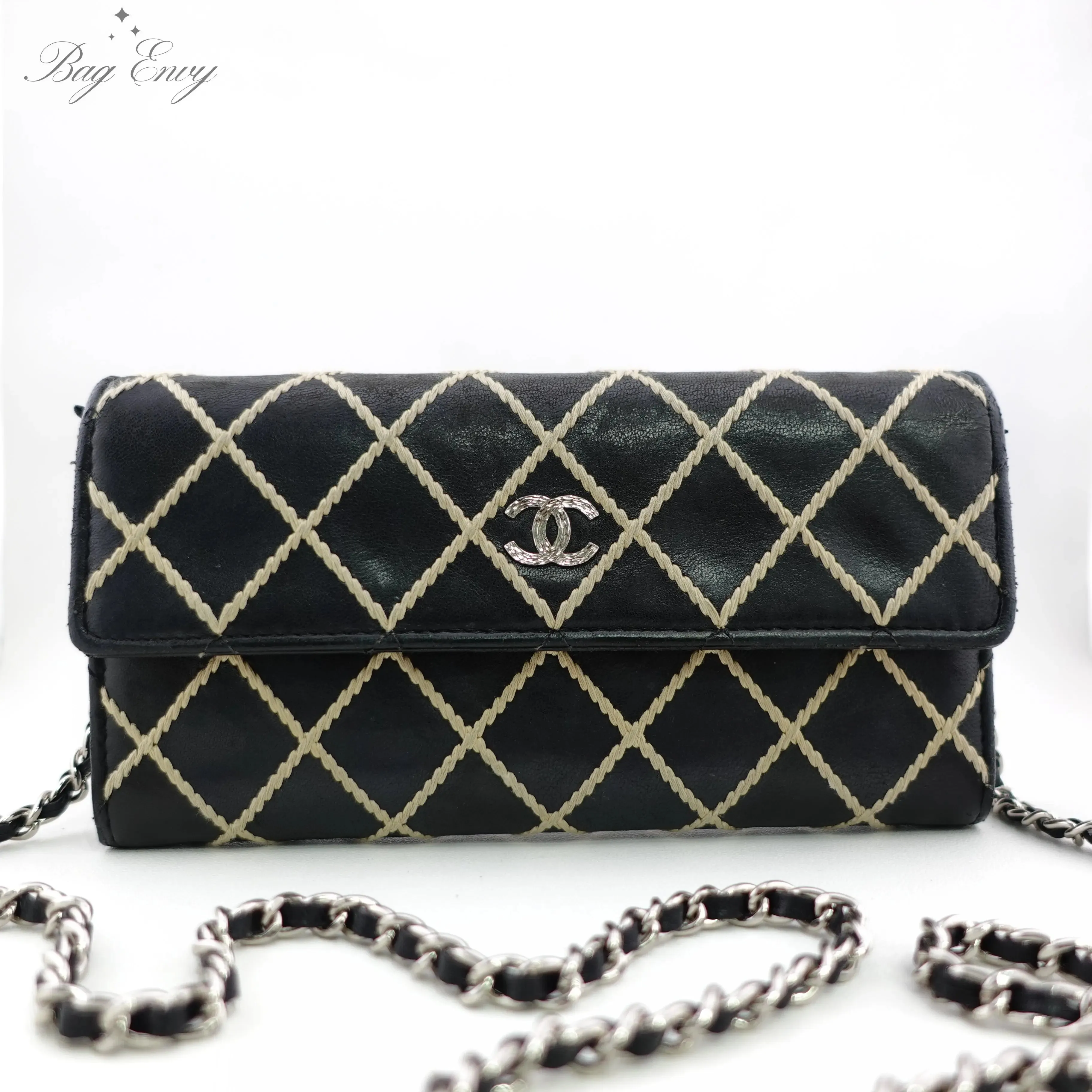 CHANEL Calfskin Wild Stitch Long Flap Wallet with Added Unbranded Chain