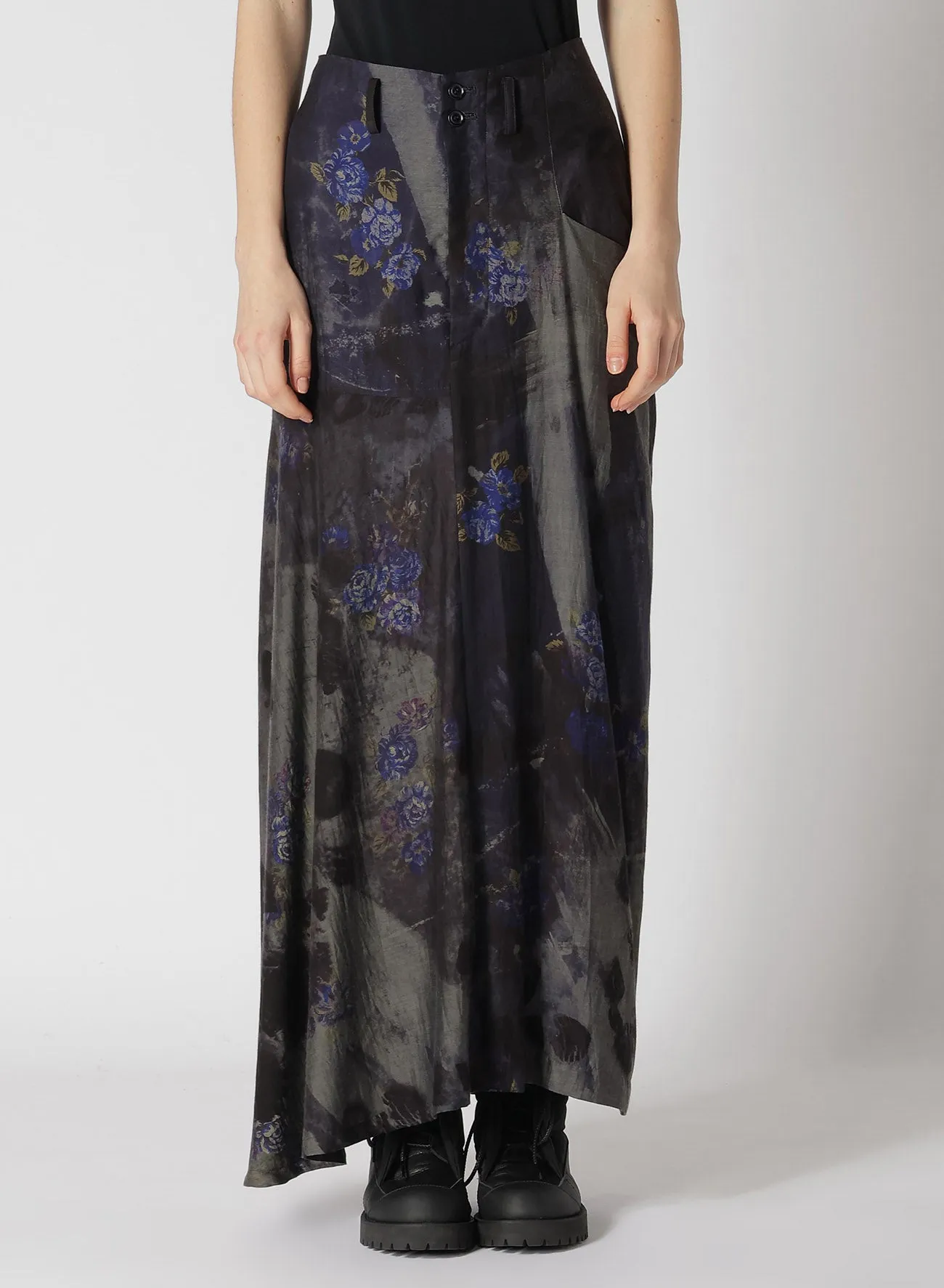 CU/ TWILL STEPPED ON FLOWER PT ASYMMETRIC LONG SKIRT