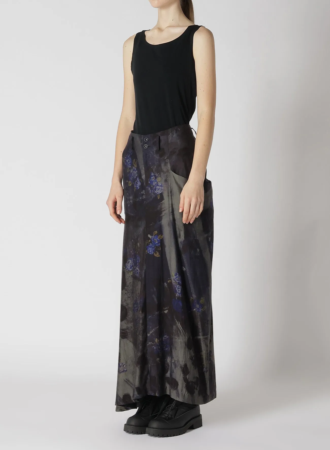 CU/ TWILL STEPPED ON FLOWER PT ASYMMETRIC LONG SKIRT