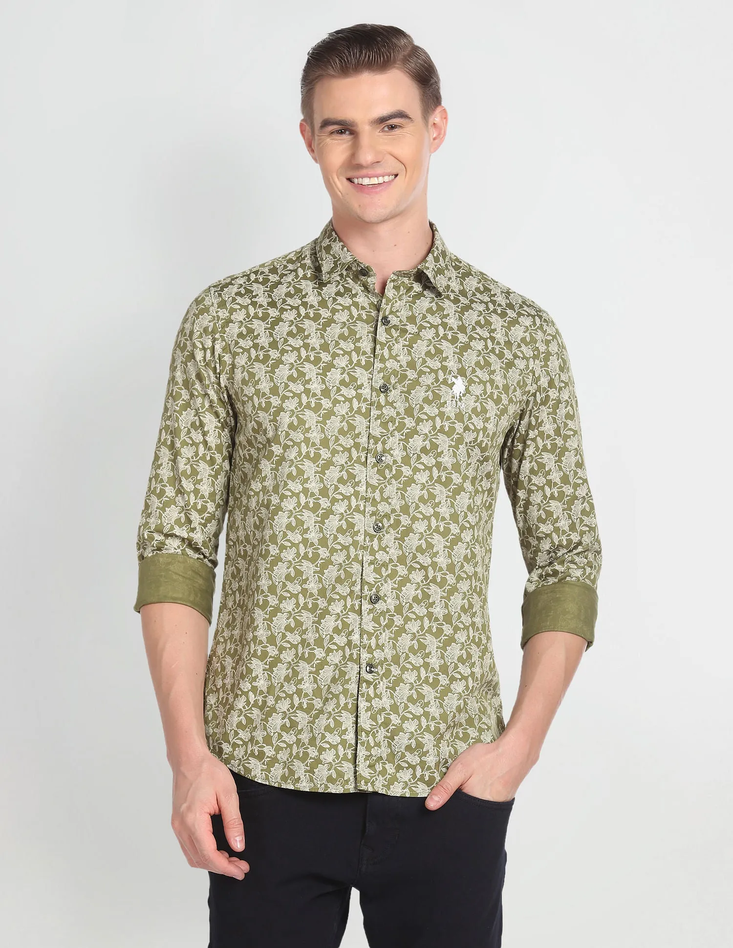 Cutaway Collar Floral Print Shirt