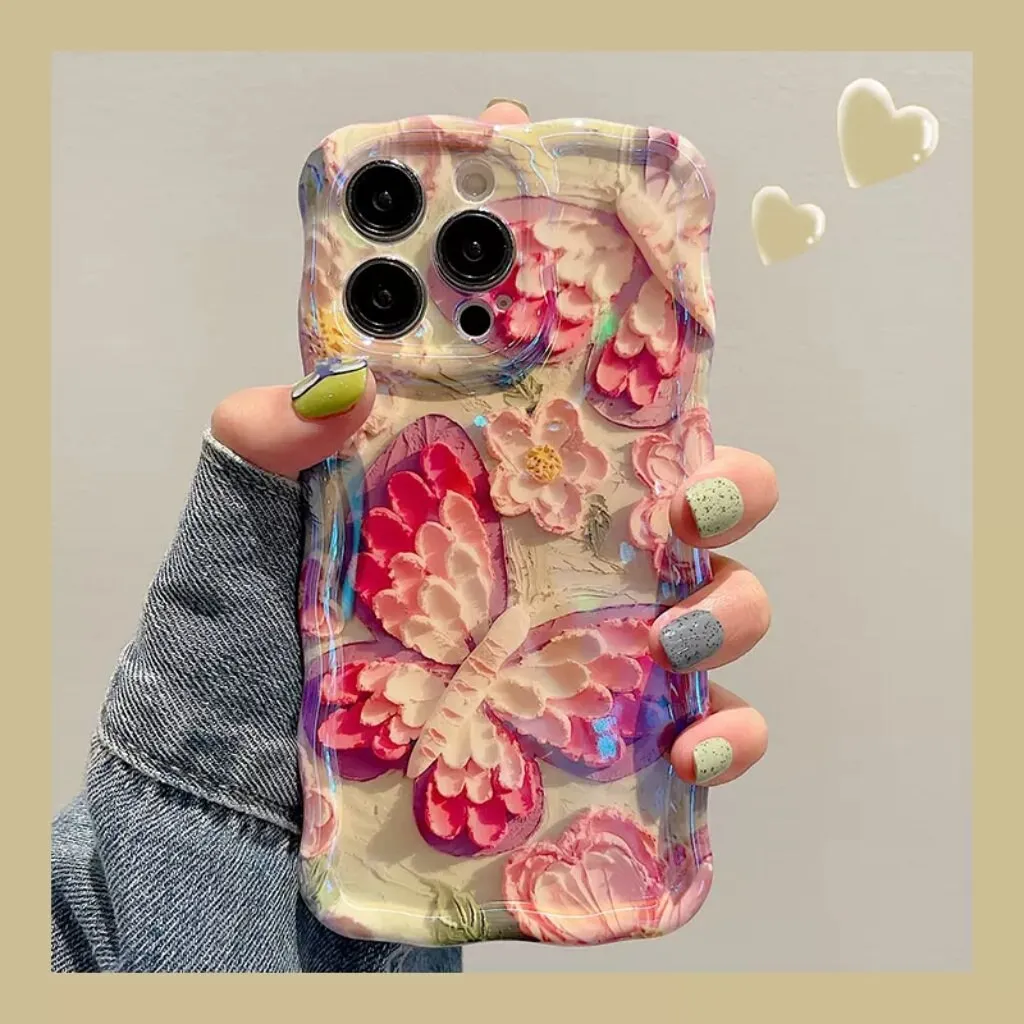 Cute Trendy Pink Oil Painting Butterfly Flowers Design Thick Bulky Protective Shockproof iPhone Case for iPhone 11 12 13 14 Pro Max Case