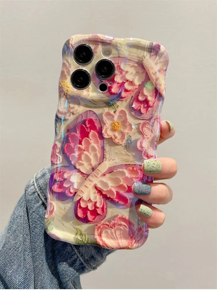 Cute Trendy Pink Oil Painting Butterfly Flowers Design Thick Bulky Protective Shockproof iPhone Case for iPhone 11 12 13 14 Pro Max Case