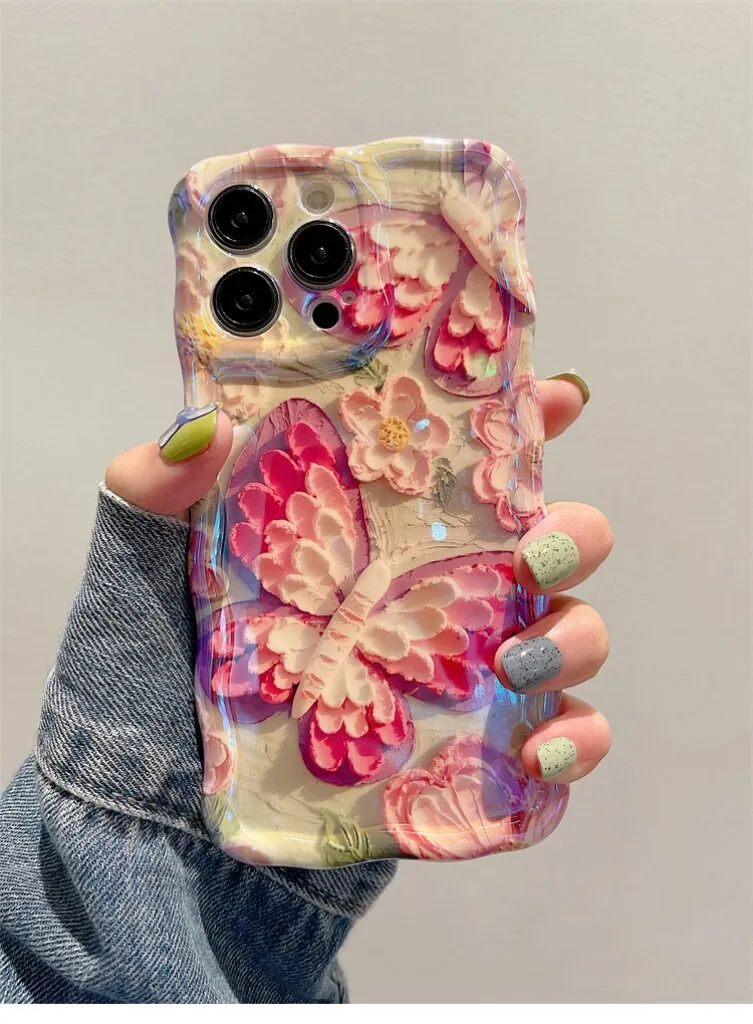 Cute Trendy Pink Oil Painting Butterfly Flowers Design Thick Bulky Protective Shockproof iPhone Case for iPhone 11 12 13 14 Pro Max Case