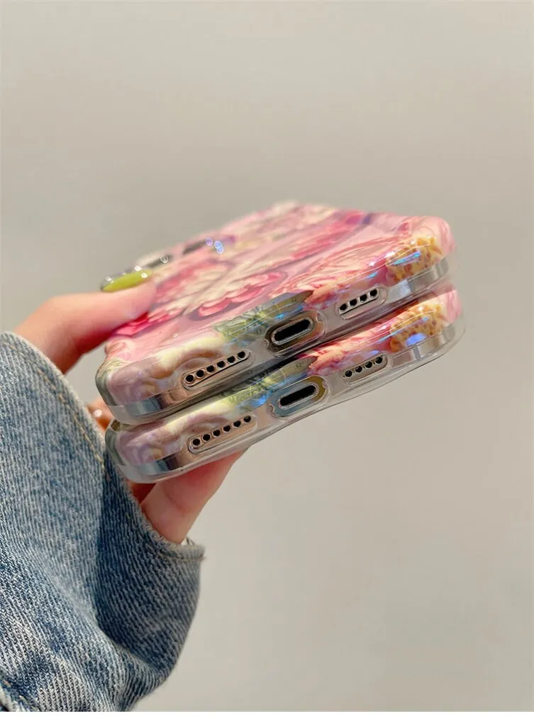 Cute Trendy Pink Oil Painting Butterfly Flowers Design Thick Bulky Protective Shockproof iPhone Case for iPhone 11 12 13 14 Pro Max Case