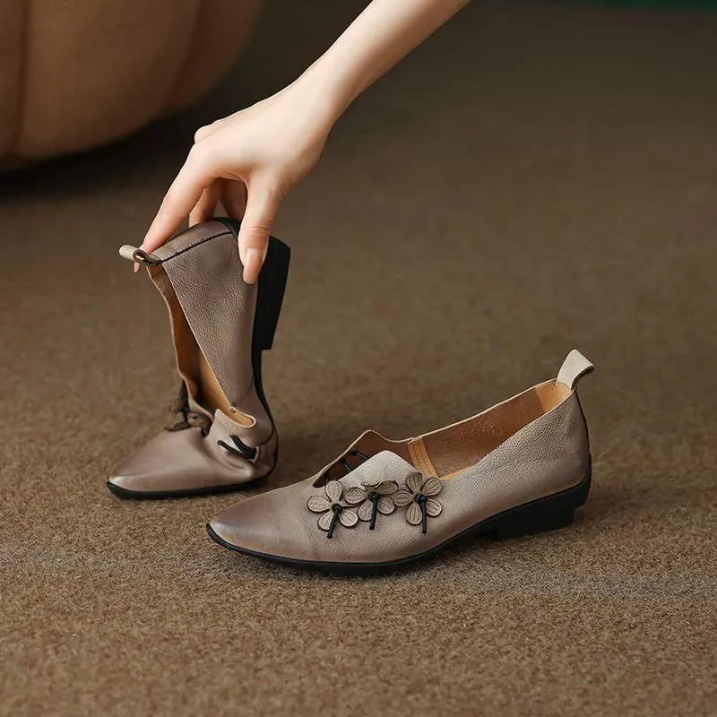 Designer Shoes Genuine Leather Slip-on For Women Handmade Pointed Toe Flats Gray/Brown