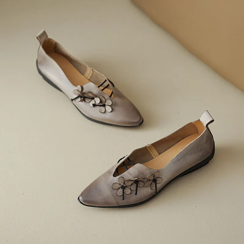 Designer Shoes Genuine Leather Slip-on For Women Handmade Pointed Toe Flats Gray/Brown