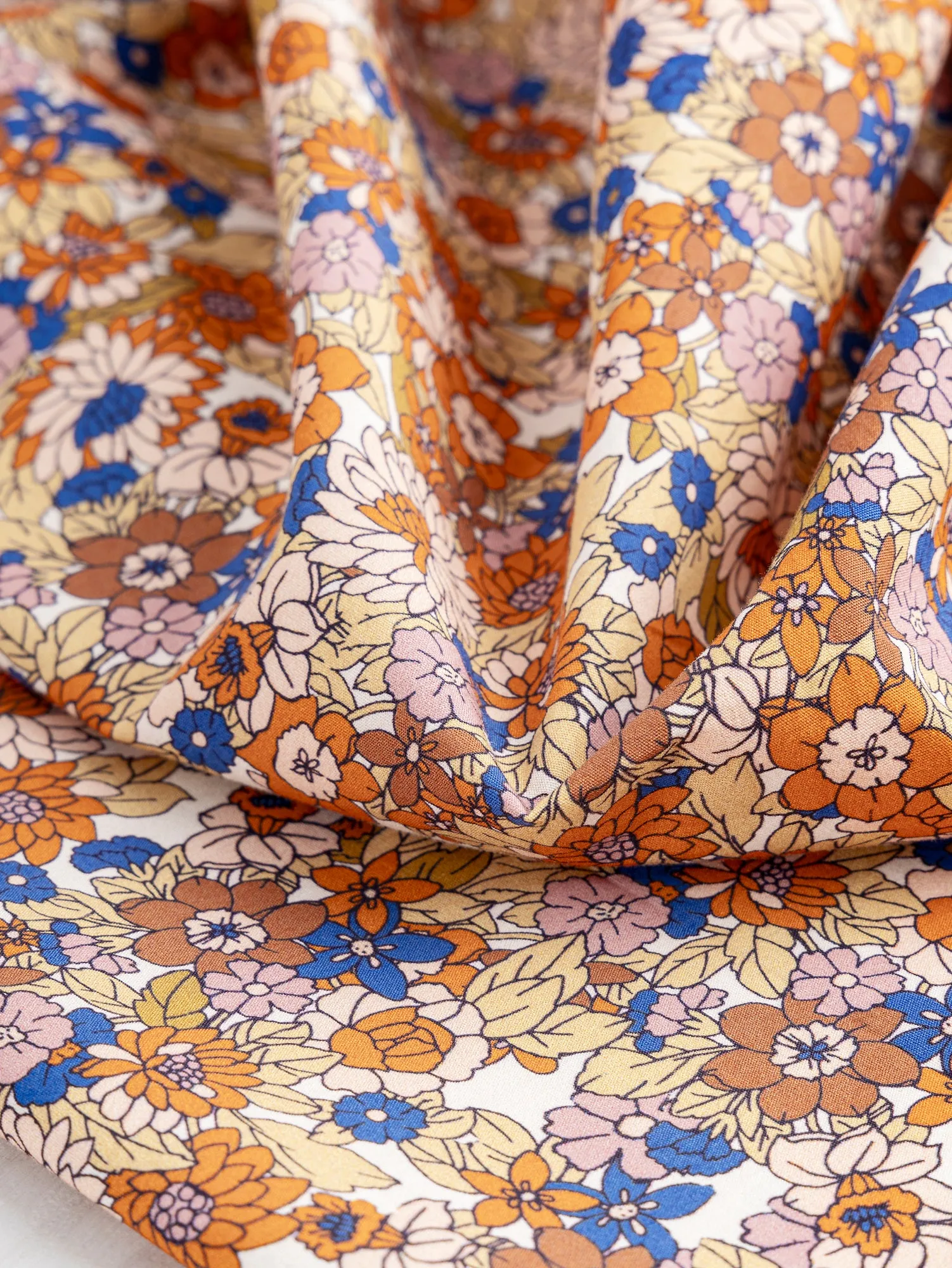 Ditzy Floral Print Cotton Poplin - Cobalt Blue   Orange   Olive