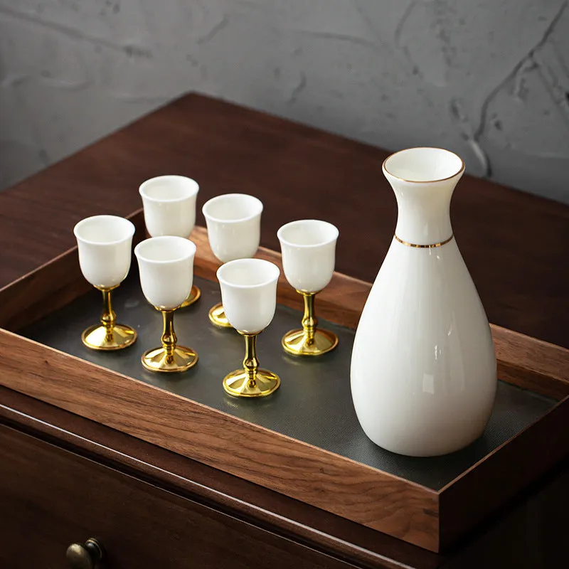 Elegant White Jade Wine Carafe and Vase Series with Gold Accents