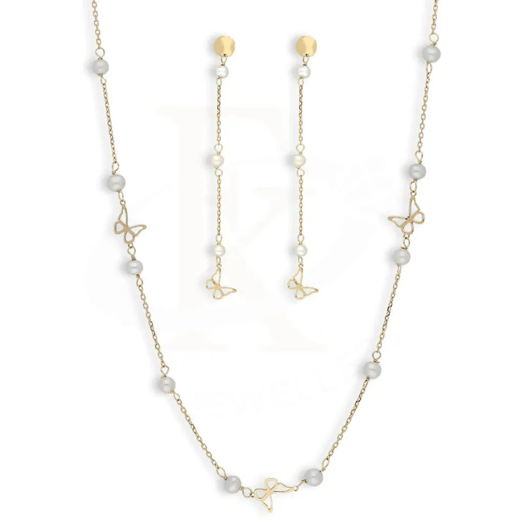 Gold Butterfly with Pearl Set (Necklace and Earrings) 18KT - FKJNKLST18K5529