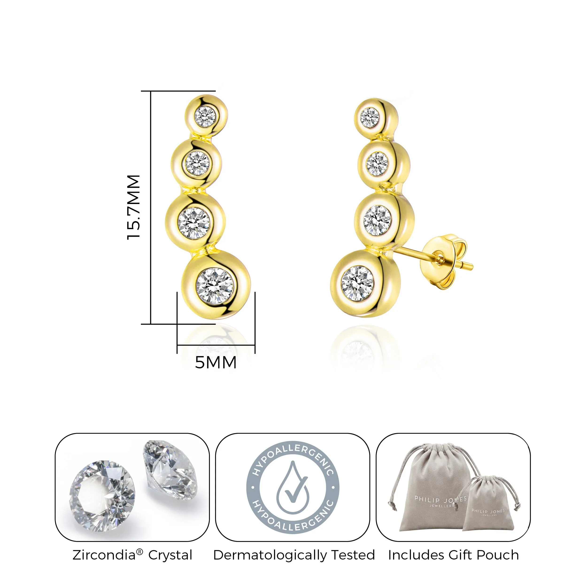 Gold Plated Four Stone Climber Earrings Created With Zircondia® Crystals