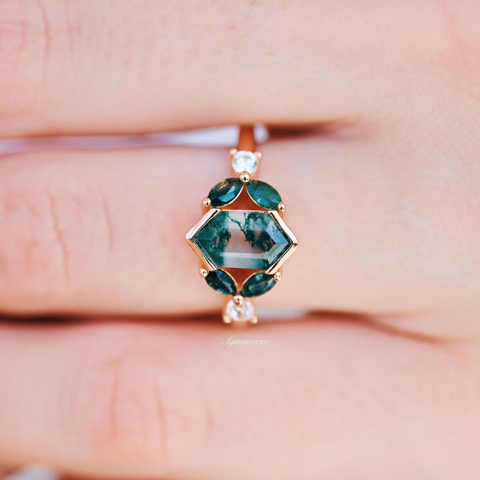 Hexagon Moss Agate Leaf Ring- 14K Rose Gold Vermeil