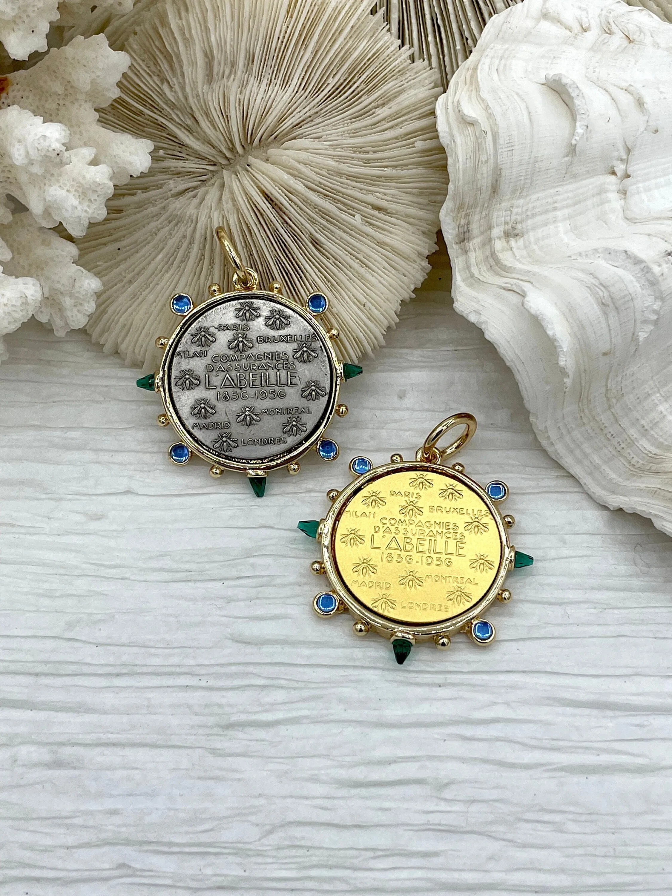 L'abielle Bee Coin Pendant,French Bee Coin w/ Bezel,Bee Pendant,2 Styles, Fleur De Lis Coin with Emerald and Blue CZ Accents Fast Ship