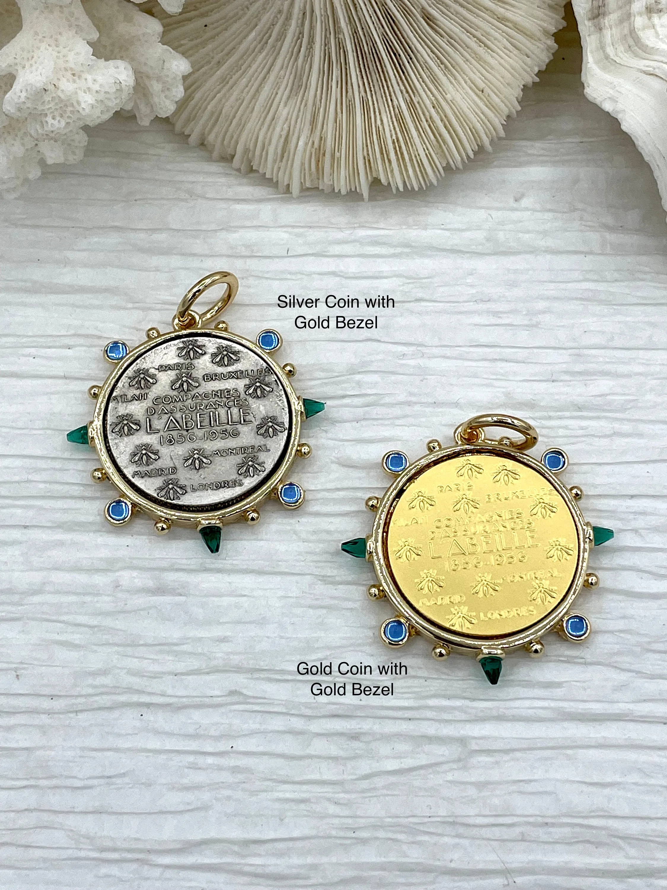 L'abielle Bee Coin Pendant,French Bee Coin w/ Bezel,Bee Pendant,2 Styles, Fleur De Lis Coin with Emerald and Blue CZ Accents Fast Ship