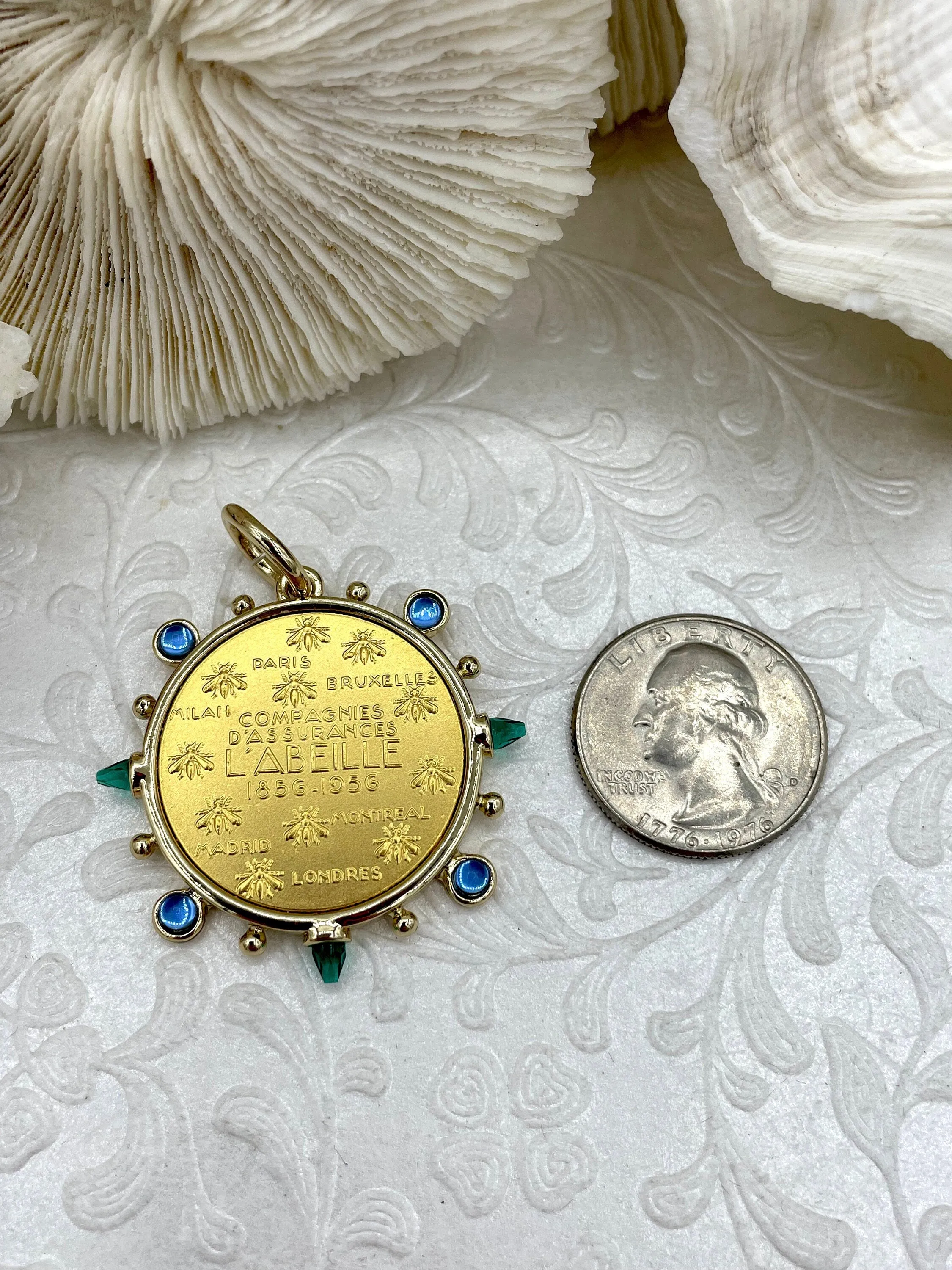 L'abielle Bee Coin Pendant,French Bee Coin w/ Bezel,Bee Pendant,2 Styles, Fleur De Lis Coin with Emerald and Blue CZ Accents Fast Ship