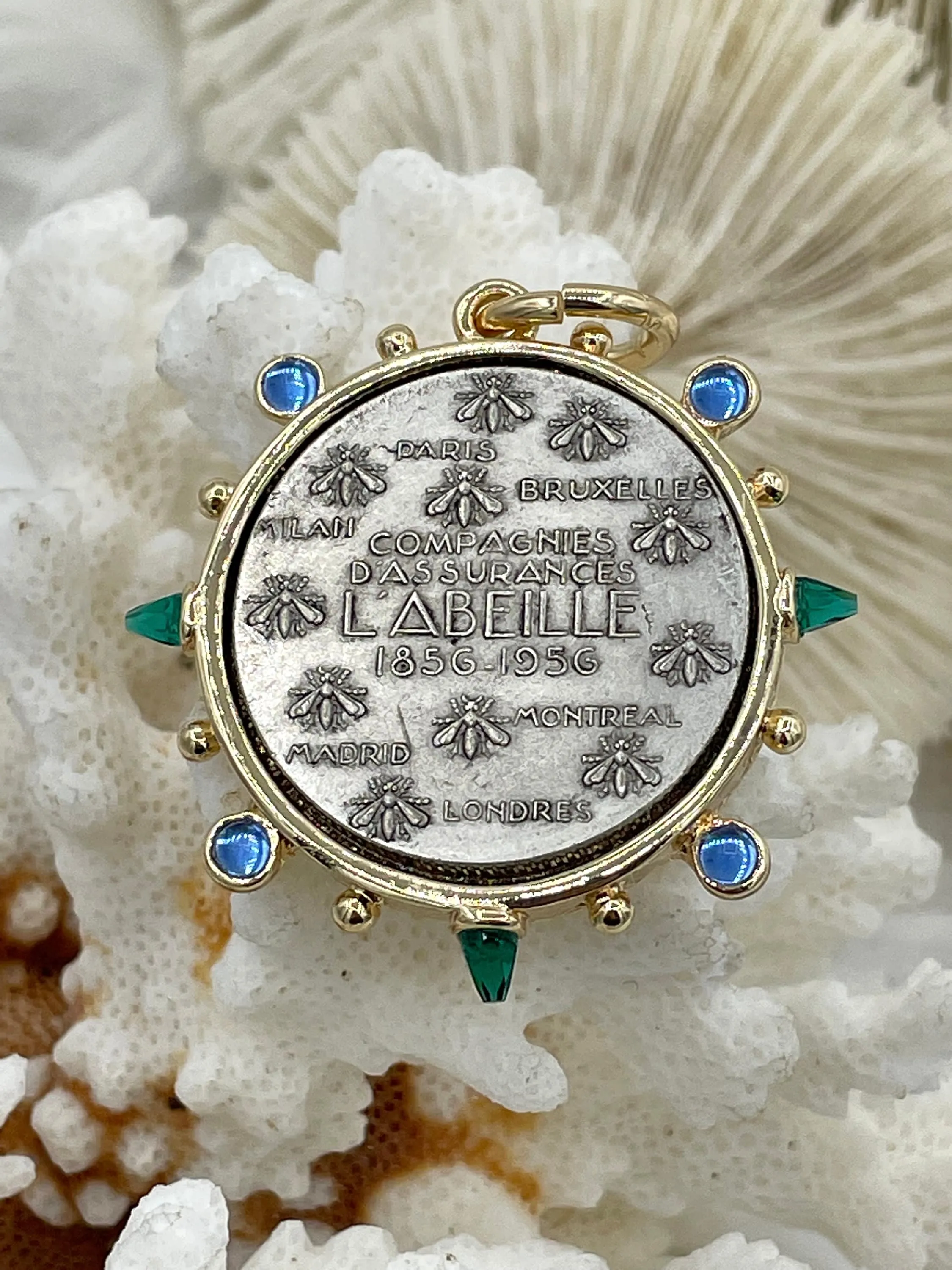 L'abielle Bee Coin Pendant,French Bee Coin w/ Bezel,Bee Pendant,2 Styles, Fleur De Lis Coin with Emerald and Blue CZ Accents Fast Ship