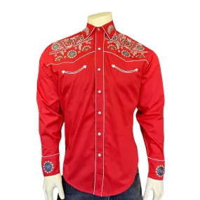 Men's Vintage Red Floral & Stars Embroidery Western Shirt