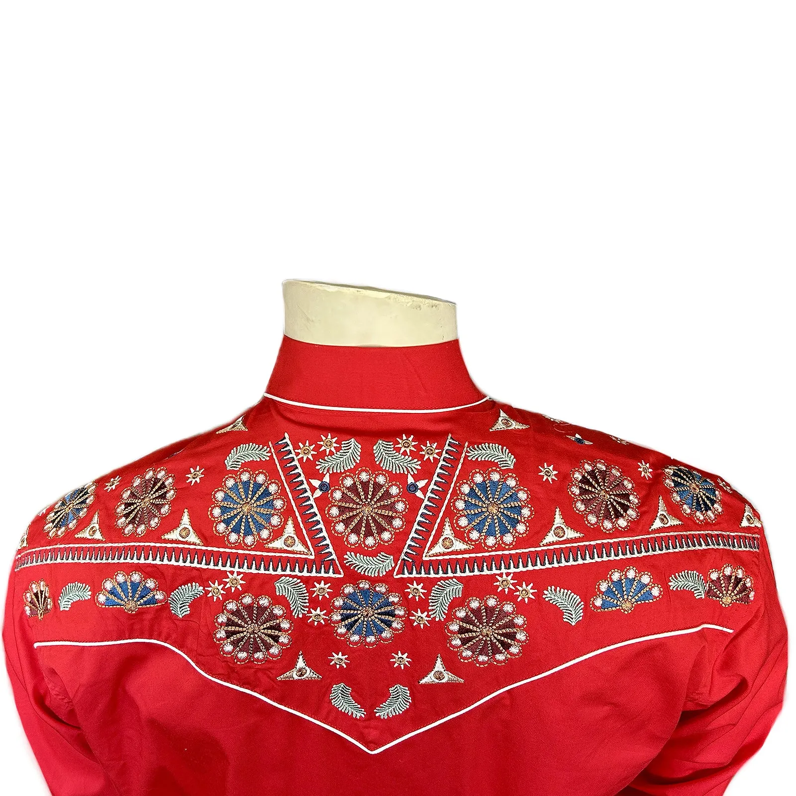 Men's Vintage Red Floral & Stars Embroidery Western Shirt