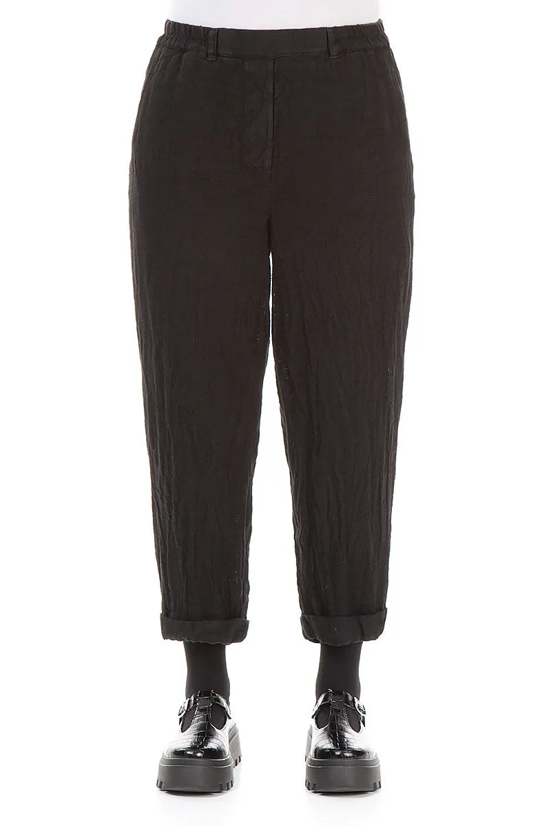 Roll Up Black Mélange Linen Trousers