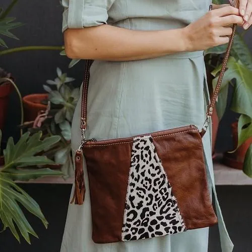 Thandana Crossover Animal Print Leather Handbag | Tobacco Cheetah Print